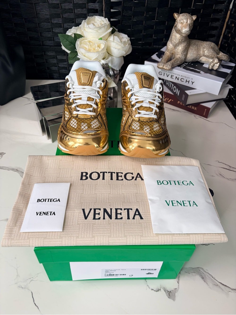 Bottega Veneta Women's Metallic Gold White Lace-Up Sneakers